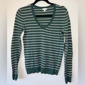 BP Green and White Striped V-Neck Sweater with Elbow Patches